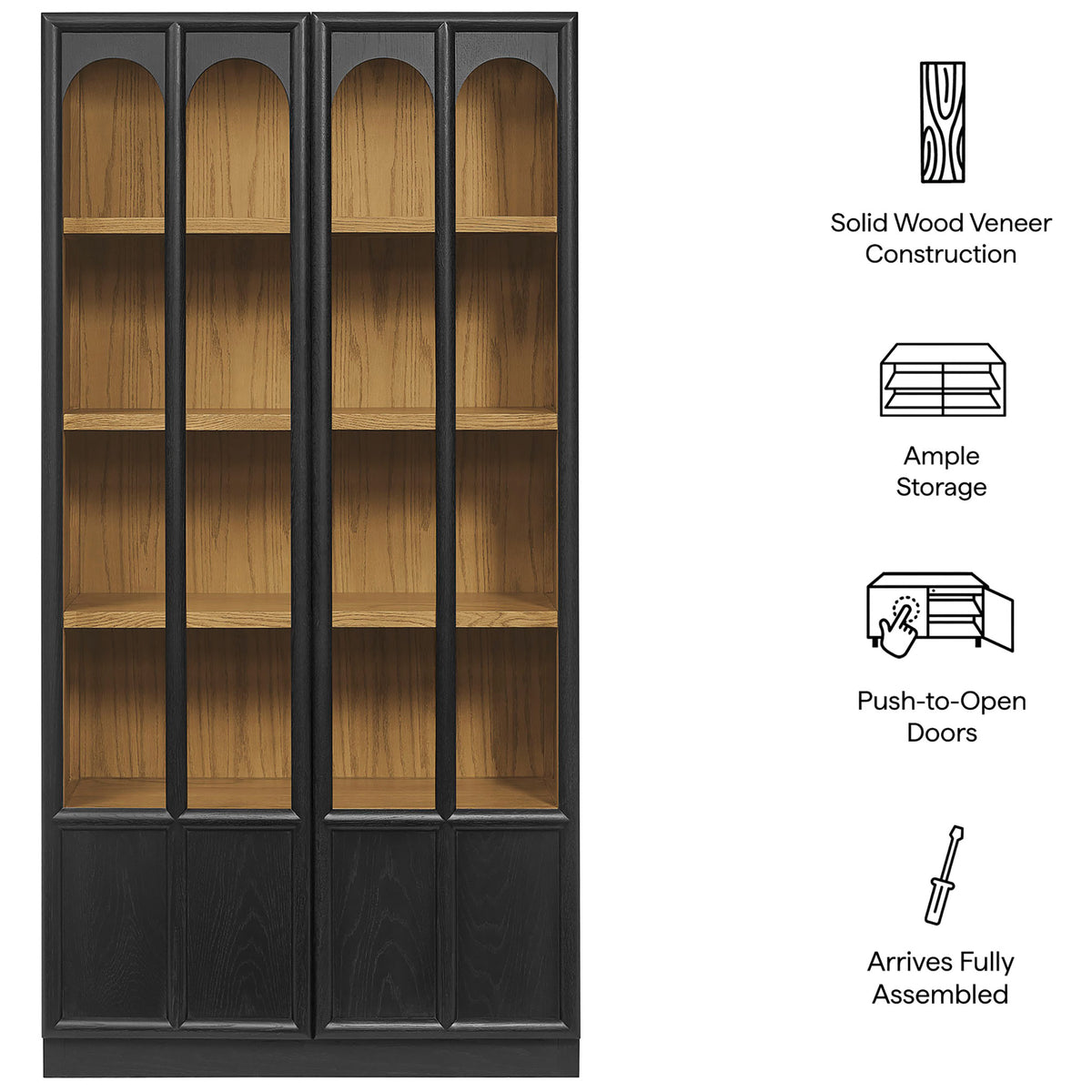 Feature graphic for the black oak Anwen cabinet highlighting solid wood veneer and push to open doors || EEI-7484-BLK-OAK || callout_studio