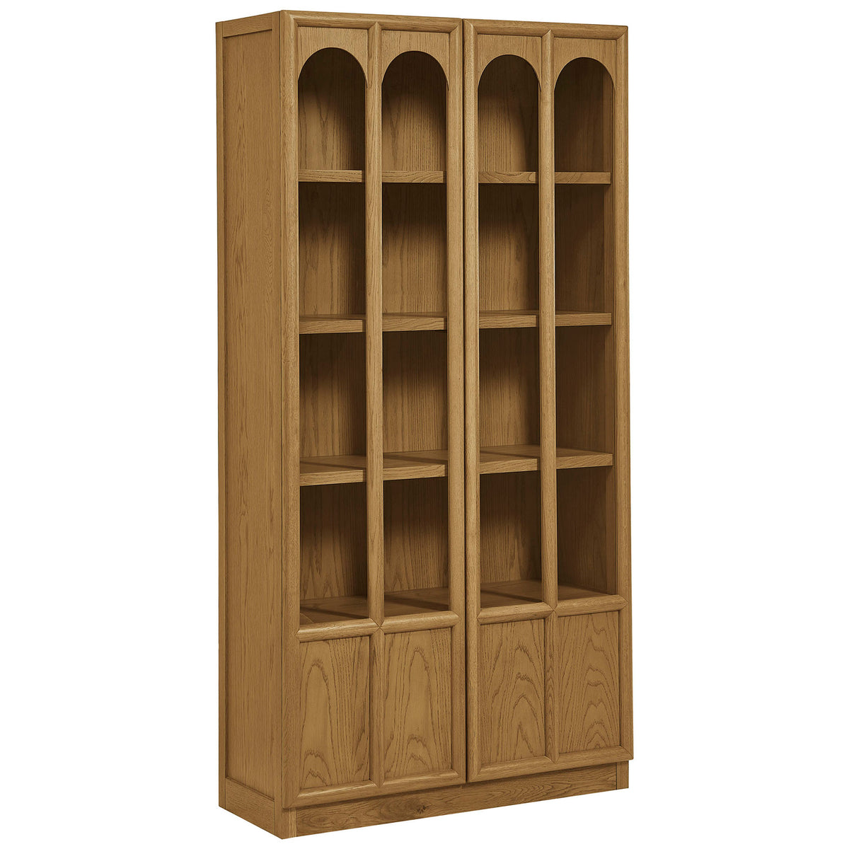 Oak curio cabinet emphasizing the slim frame, arched glass panels, and concealed base storage || EEI-7484-OAK || front_angle_studio