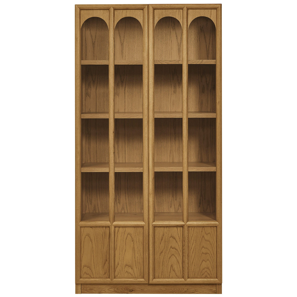 Tall oak display cabinet with arched glass doors and matching wood interior shelving for curated displays || EEI-7484-OAK || front_studio