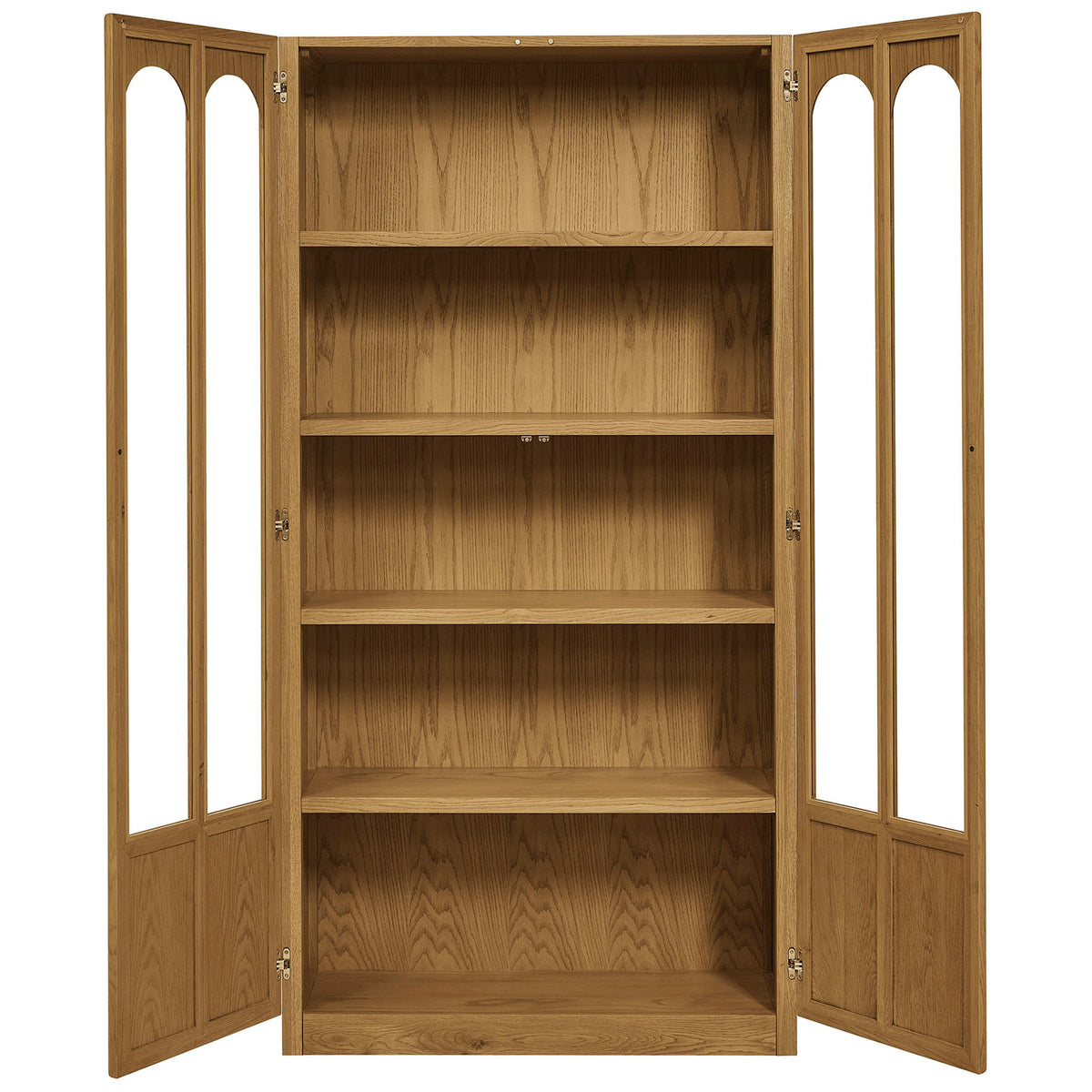 Open oak display cabinet with four spacious fixed shelves for dinnerware, collectibles, and books || EEI-7484-OAK || front_open_studio