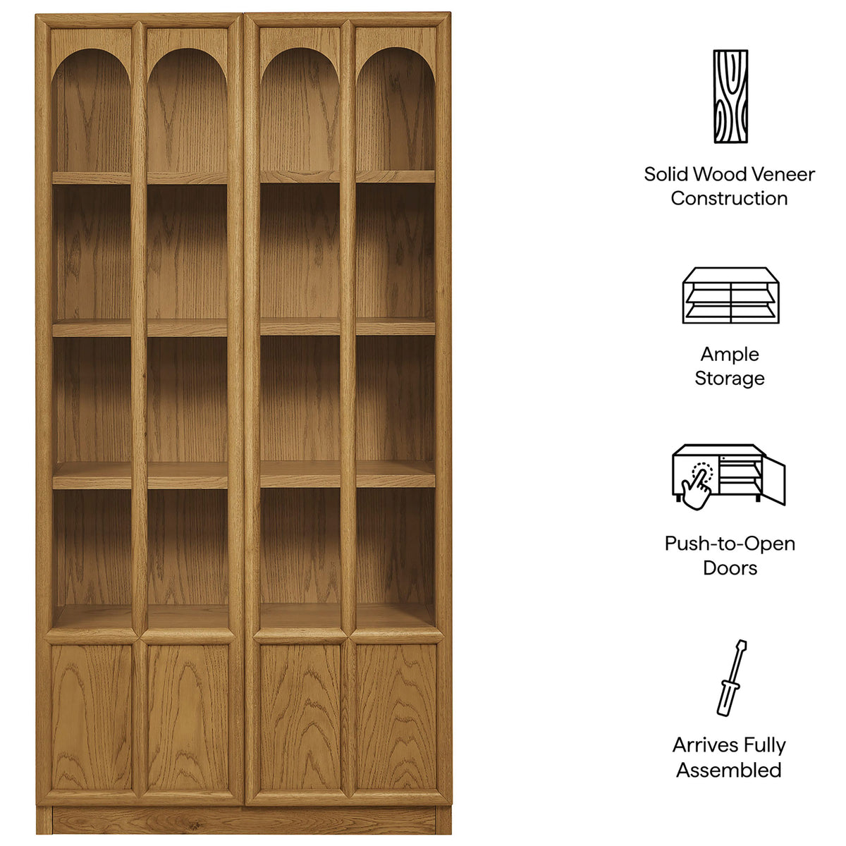Feature graphic for the oak Anwen cabinet outlining solid wood veneer, ample storage, and easy push doors || EEI-7484-OAK || callout_studio