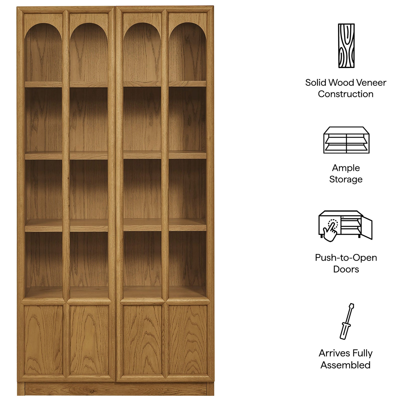Feature graphic for the oak Anwen cabinet outlining solid wood veneer, ample storage, and easy push doors || EEI-7484-OAK || callout_studio