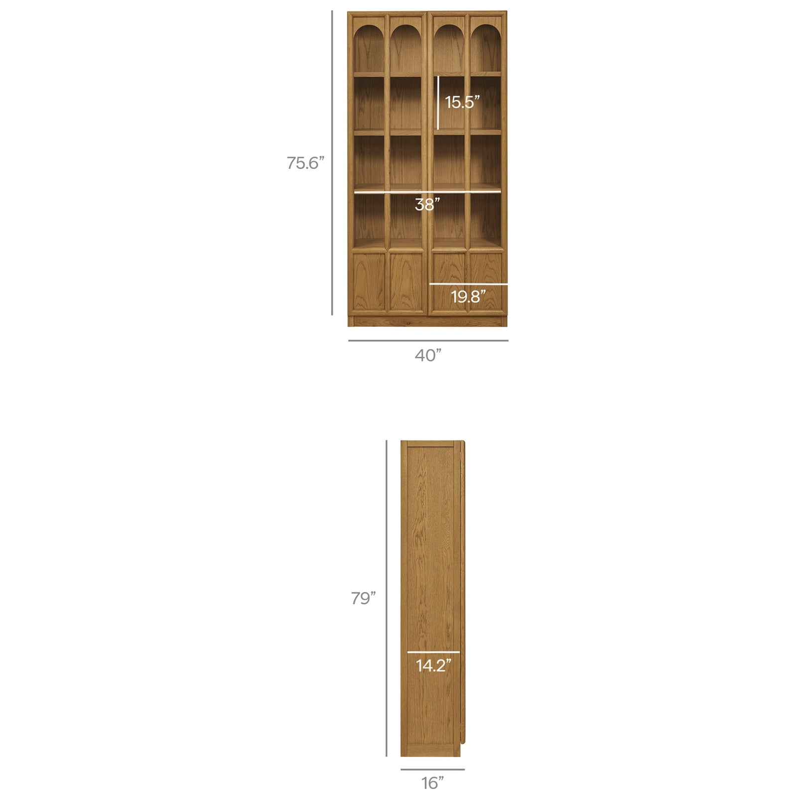 Dimension overview of the oak Anwen display cabinet with overall size and interior shelf spacing || EEI-7484-OAK || dimension_studio