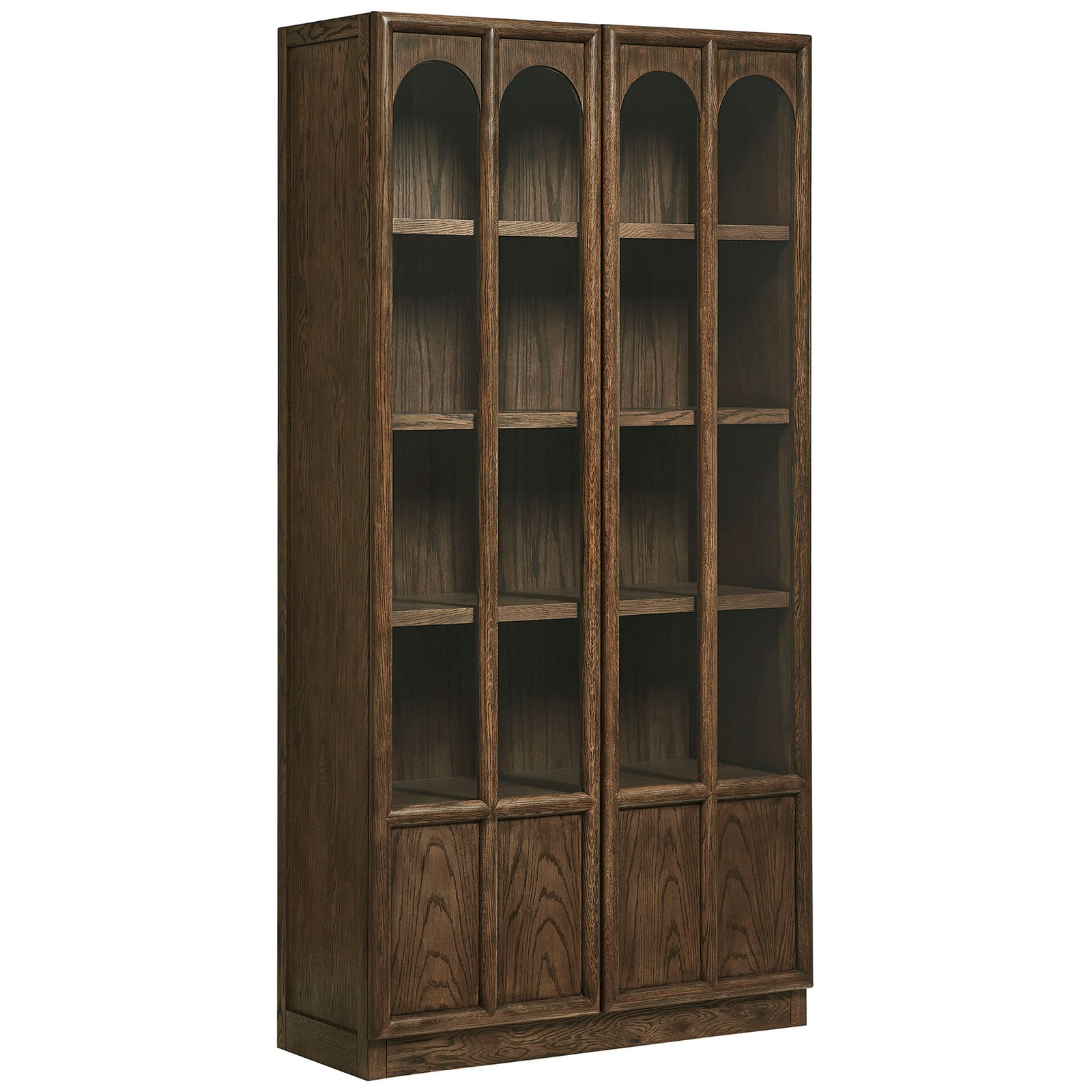 Walnut curio cabinet highlighting the rounded glass framing, solid base panels, and slim silhouette || EEI-7484-WAL || front_angle_studio