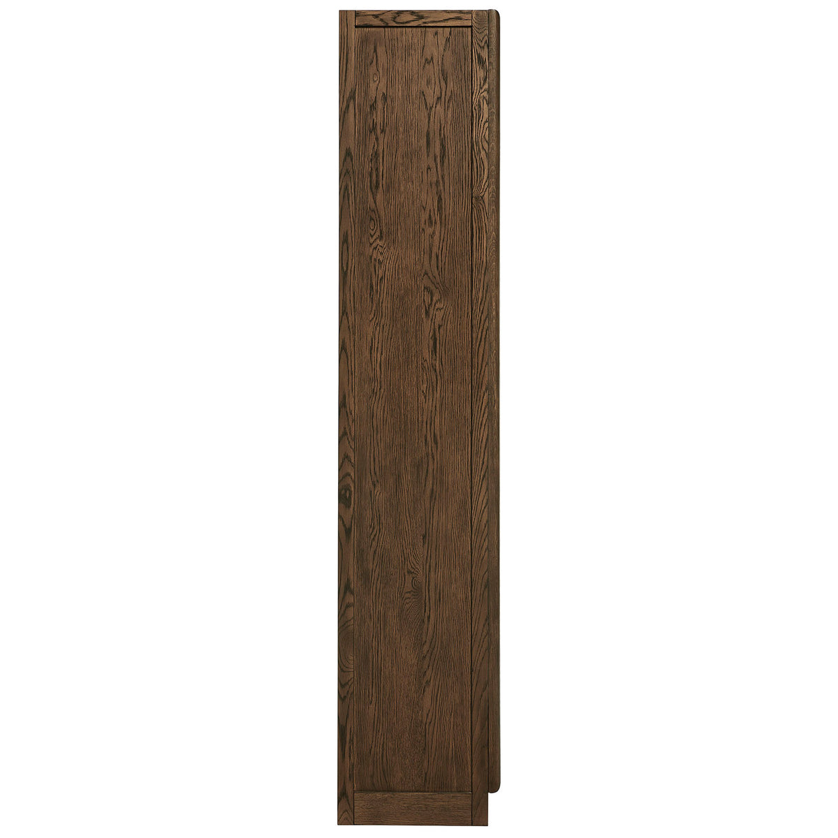 Walnut display cabinet with narrow depth and an uninterrupted wood grain cabinet wall || EEI-7484-WAL || side_studio