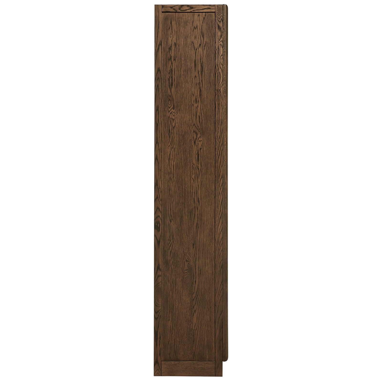 Walnut display cabinet with narrow depth and an uninterrupted wood grain cabinet wall || EEI-7484-WAL || side_studio