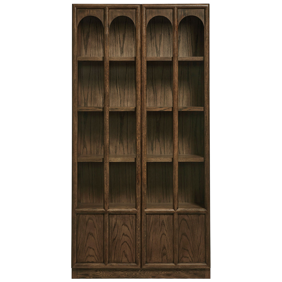 Tall walnut display cabinet with arched glass doors and rich dark wood interior shelving || EEI-7484-WAL || front_studio