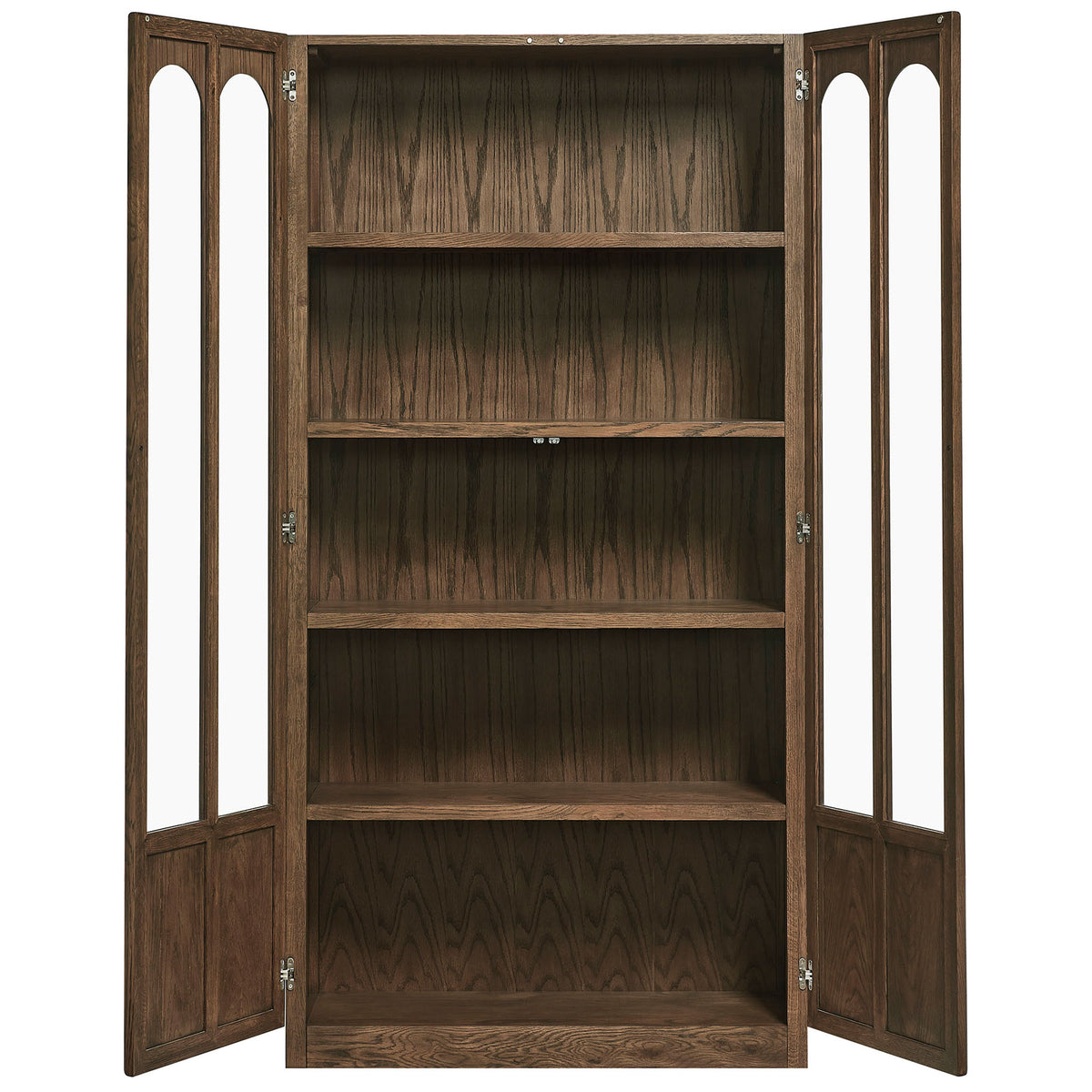 Open walnut display cabinet with four fixed shelves ready to organize serveware, books, and treasures || EEI-7484-WAL || front_open_studio
