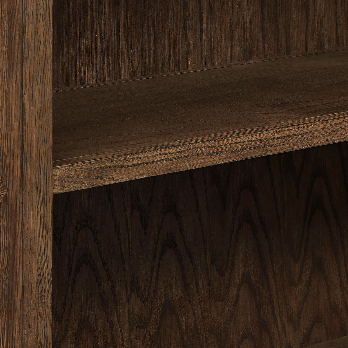 Walnut interior shelf and back panel with deep, varied grain that enriches displayed objects || EEI-7484-WAL || swatch_studio