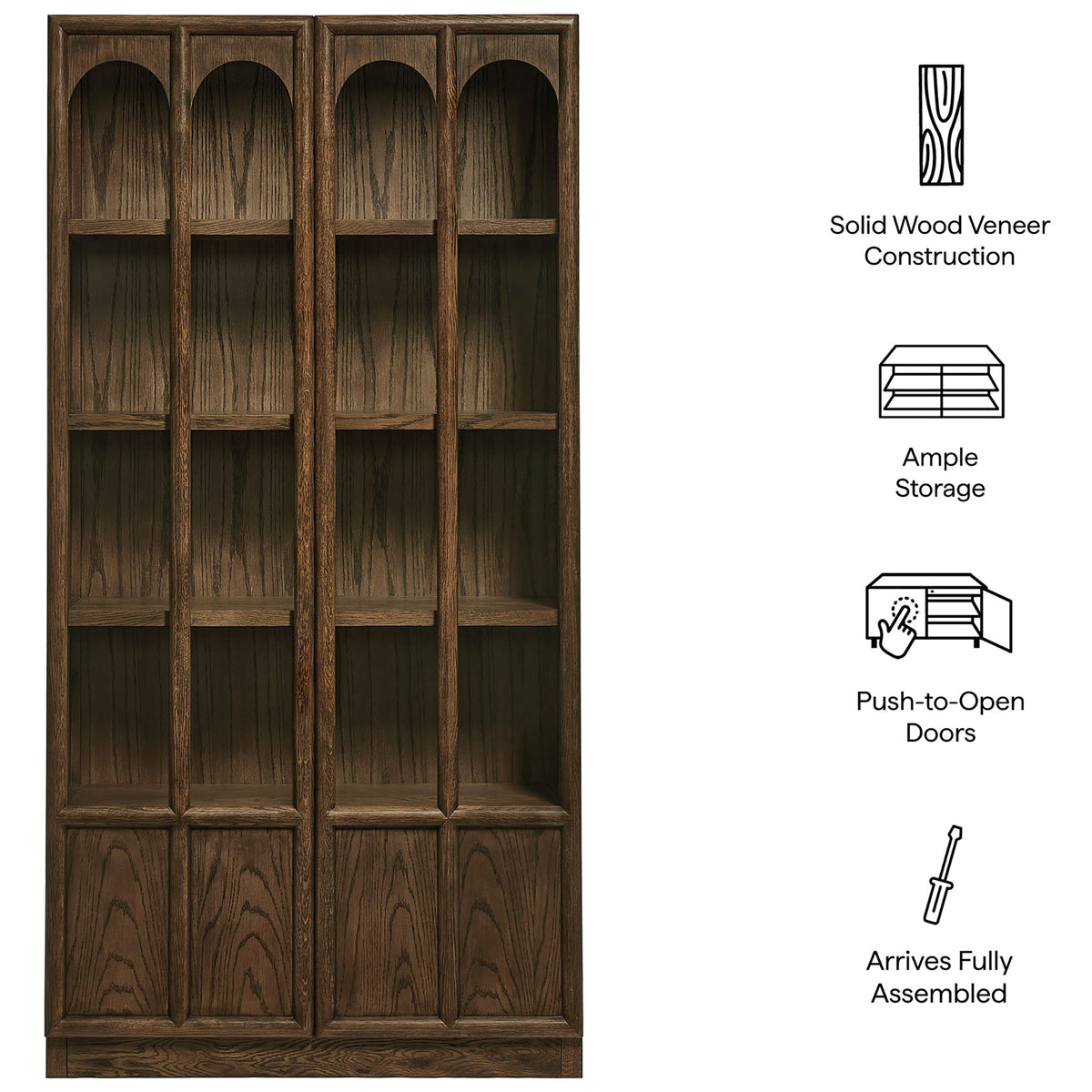 Feature graphic for the walnut Anwen cabinet calling out solid veneer, ample storage, and push to open doors || EEI-7484-WAL || callout_studio