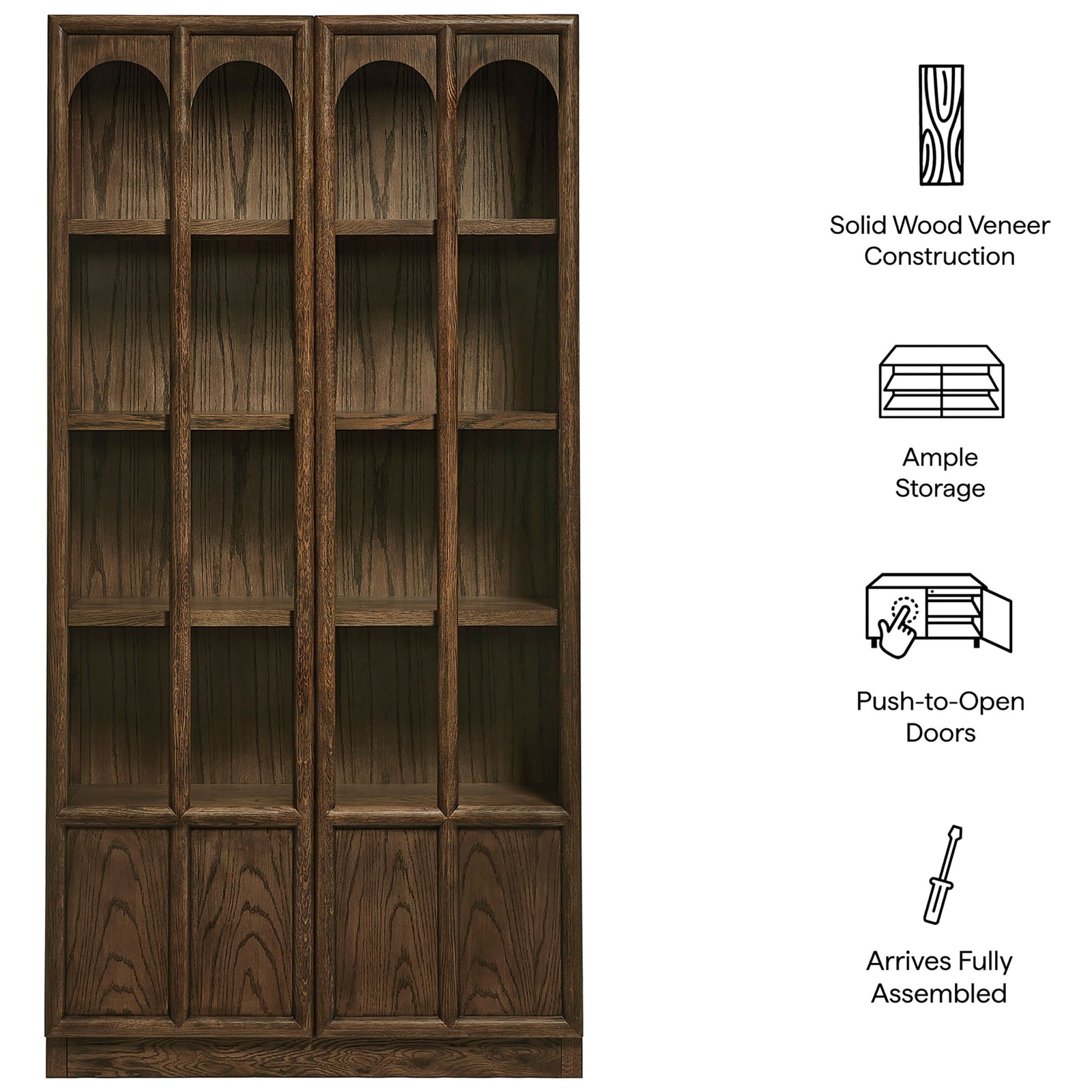 Feature graphic for the walnut Anwen cabinet calling out solid veneer, ample storage, and push to open doors || EEI-7484-WAL || callout_studio