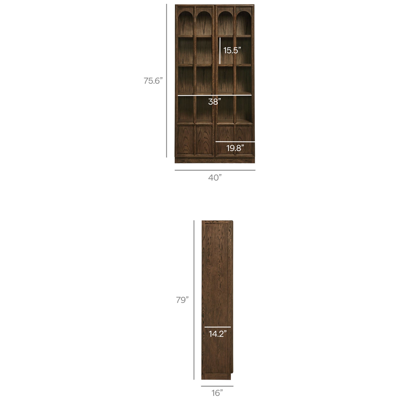 Dimension graphic of the walnut Anwen display cabinet with full height, width, and shelf measurements || EEI-7484-WAL || dimension_studio