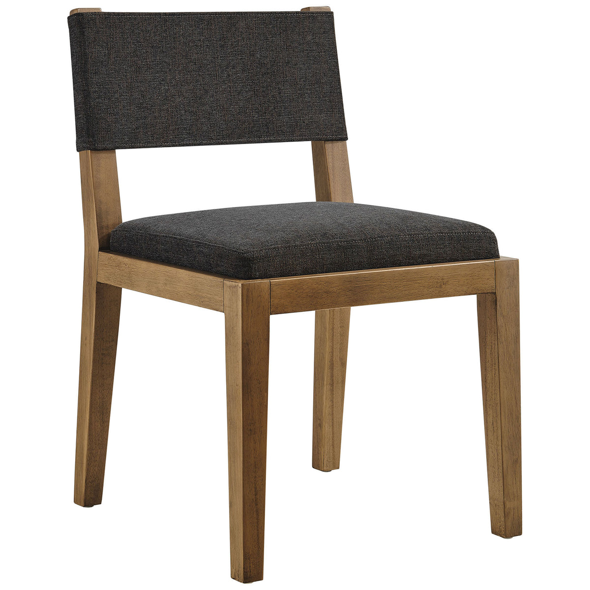 Dark gray fabric dining chair with low backrest and warm wood frame for modern minimalist dining spaces. || EEI-7485-HDG || front_angle_studio