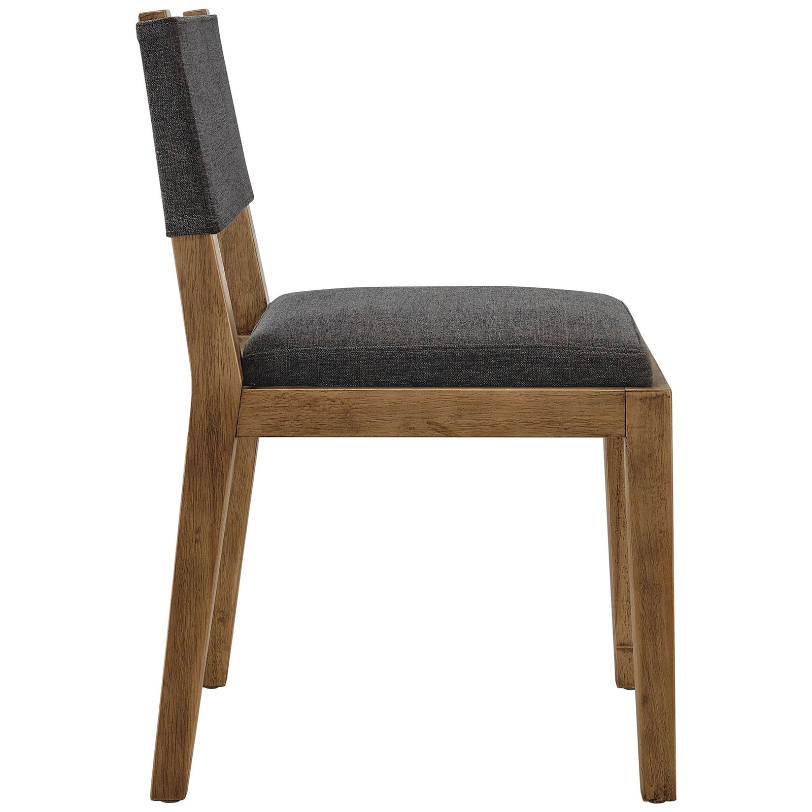 Dark gray upholstered dining chair highlighting the slim low backrest and straight wood legs. || EEI-7485-HDG || side_studio