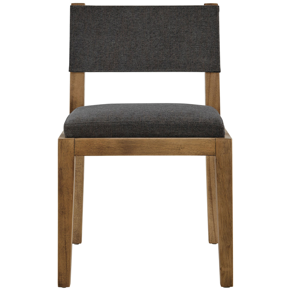 Dark gray upholstered dining chair with padded seat and backrest on a warm solid wood frame. || EEI-7485-HDG || front_studio