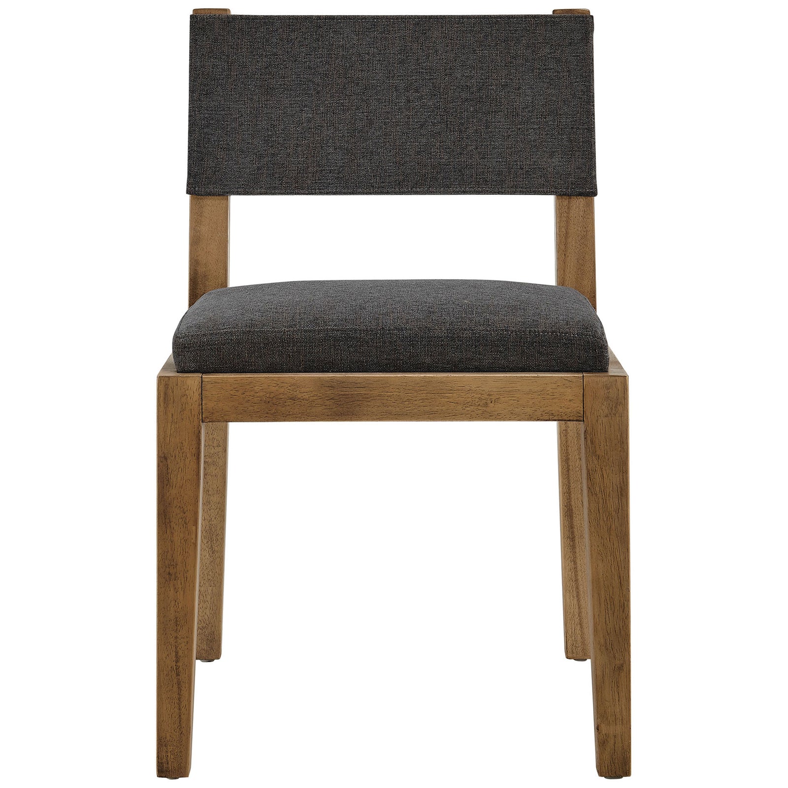 Dark gray upholstered dining chair with padded seat and backrest on a warm solid wood frame. || EEI-7485-HDG || front_studio
