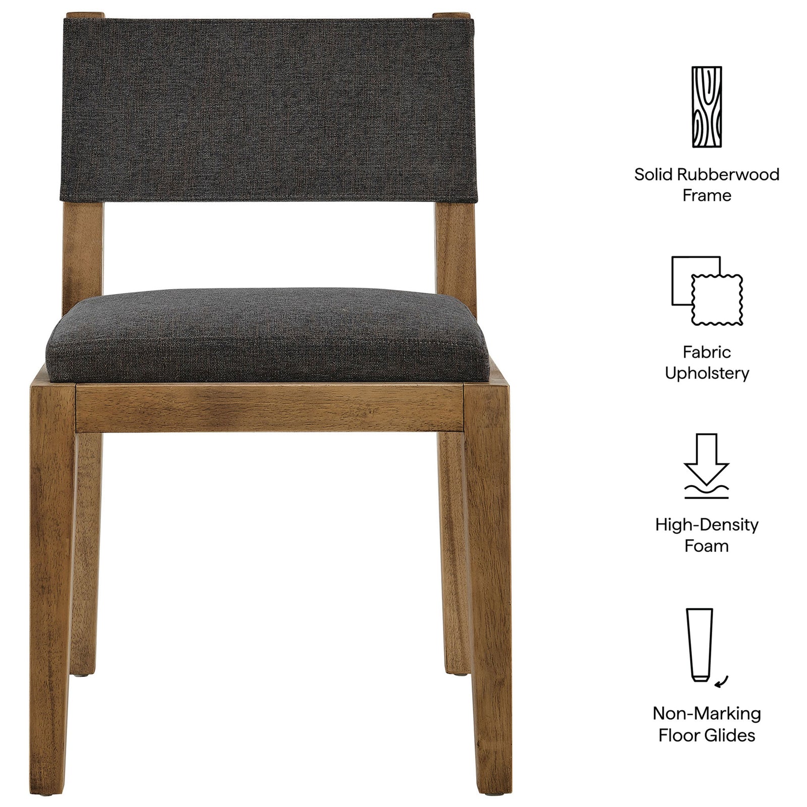 Front of dark gray wood dining chair beside icons highlighting solid rubberwood frame and plush cushioned seat. || EEI-7485-HDG || callout_studio