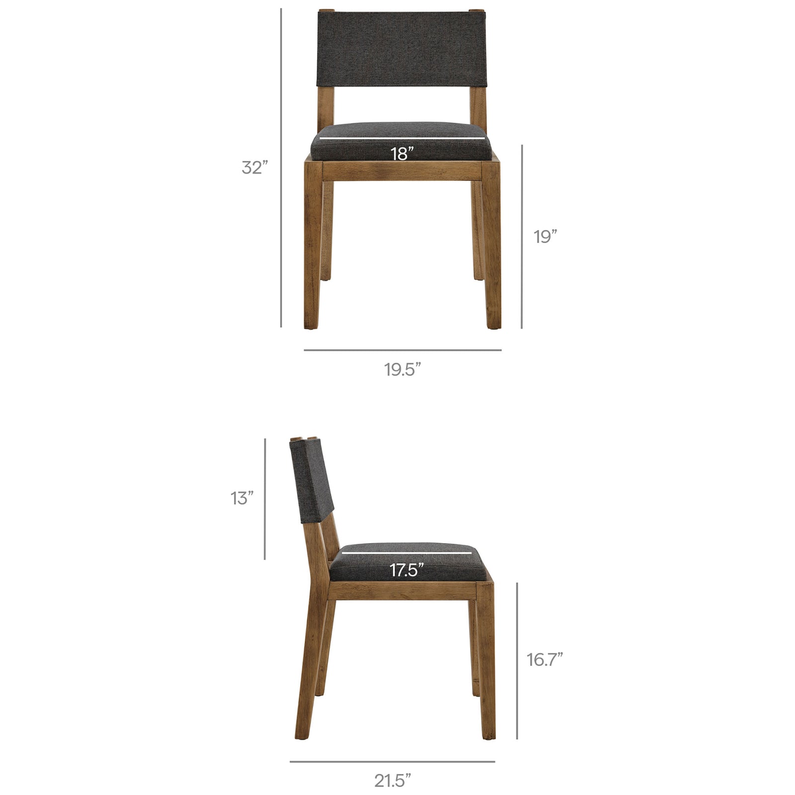 Front and side measurement diagrams of the dark gray dining chair showing seat, back, and leg dimensions. || EEI-7485-HDG || dimension_studio