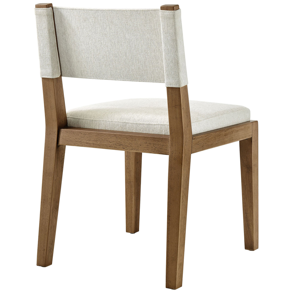 Ivory upholstered dining chair highlighting wraparound back panel and angled wood frame || EEI-7485-HEI || back_angle_studio