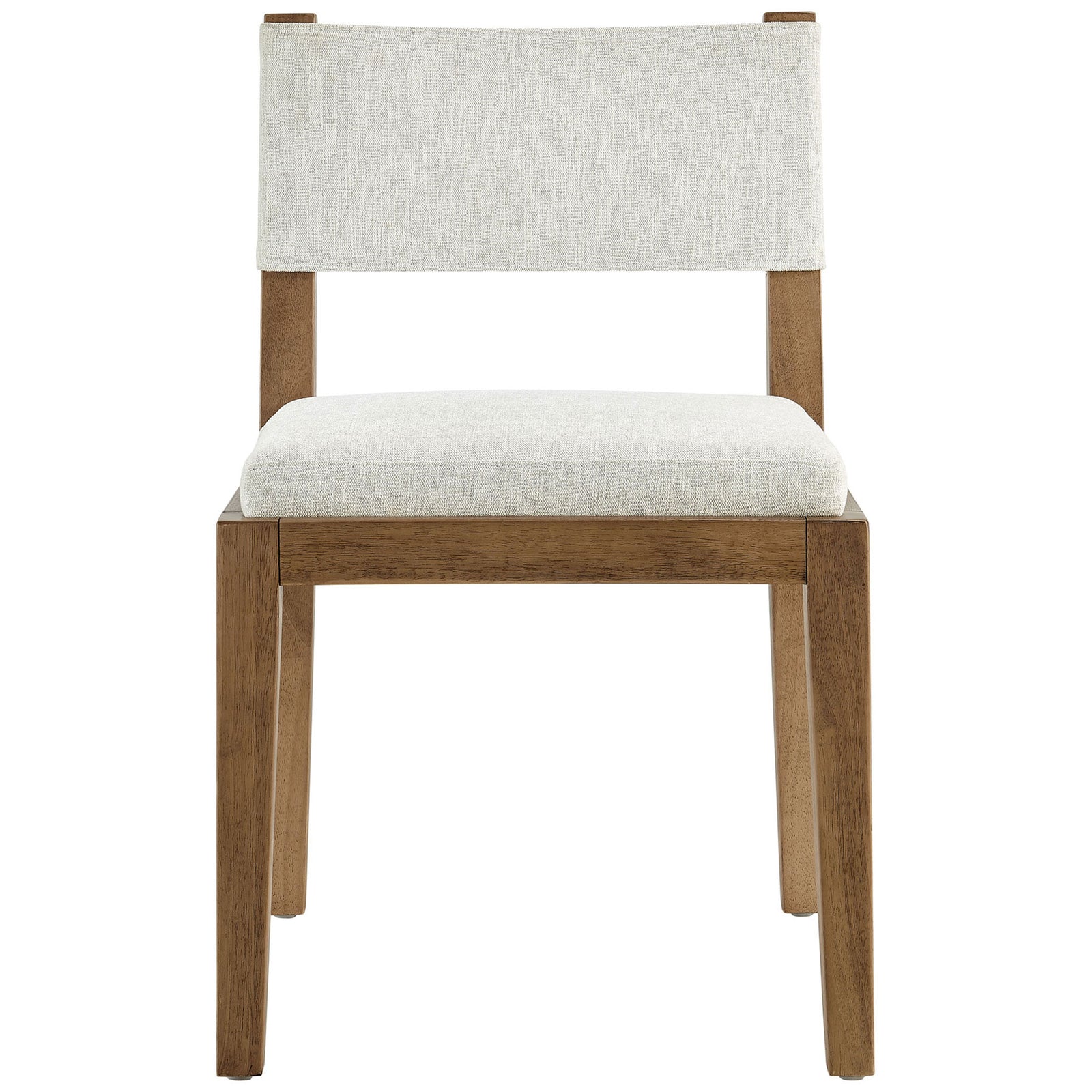 Modern ivory upholstered dining chair with squared back and warm wood frame || EEI-7485-HEI || front_studio