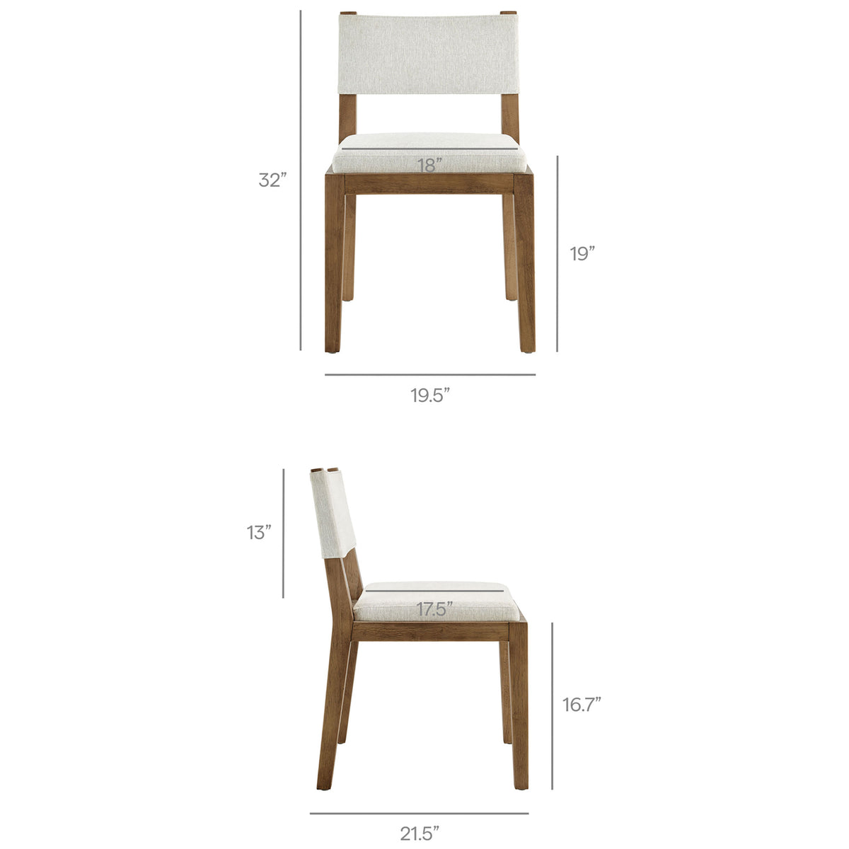 Front and side measurement views of ivory dining chair with clearly labeled dimensions || EEI-7485-HEI || dimension_studio