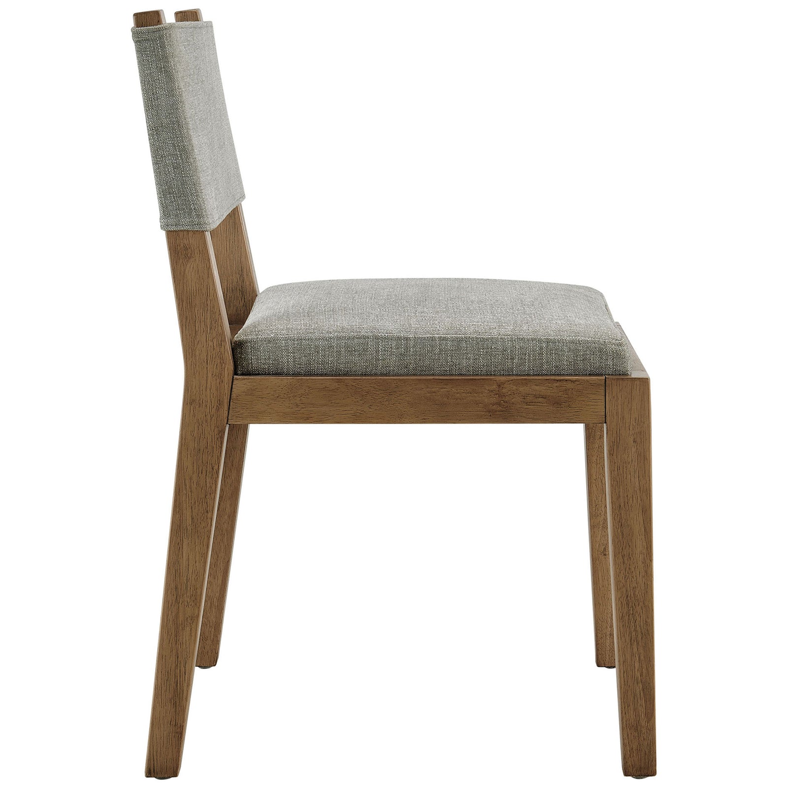Slim-profile dining chair with plush wheat fabric seat cushion and warm wood legs || EEI-7485-HEW || side_studio