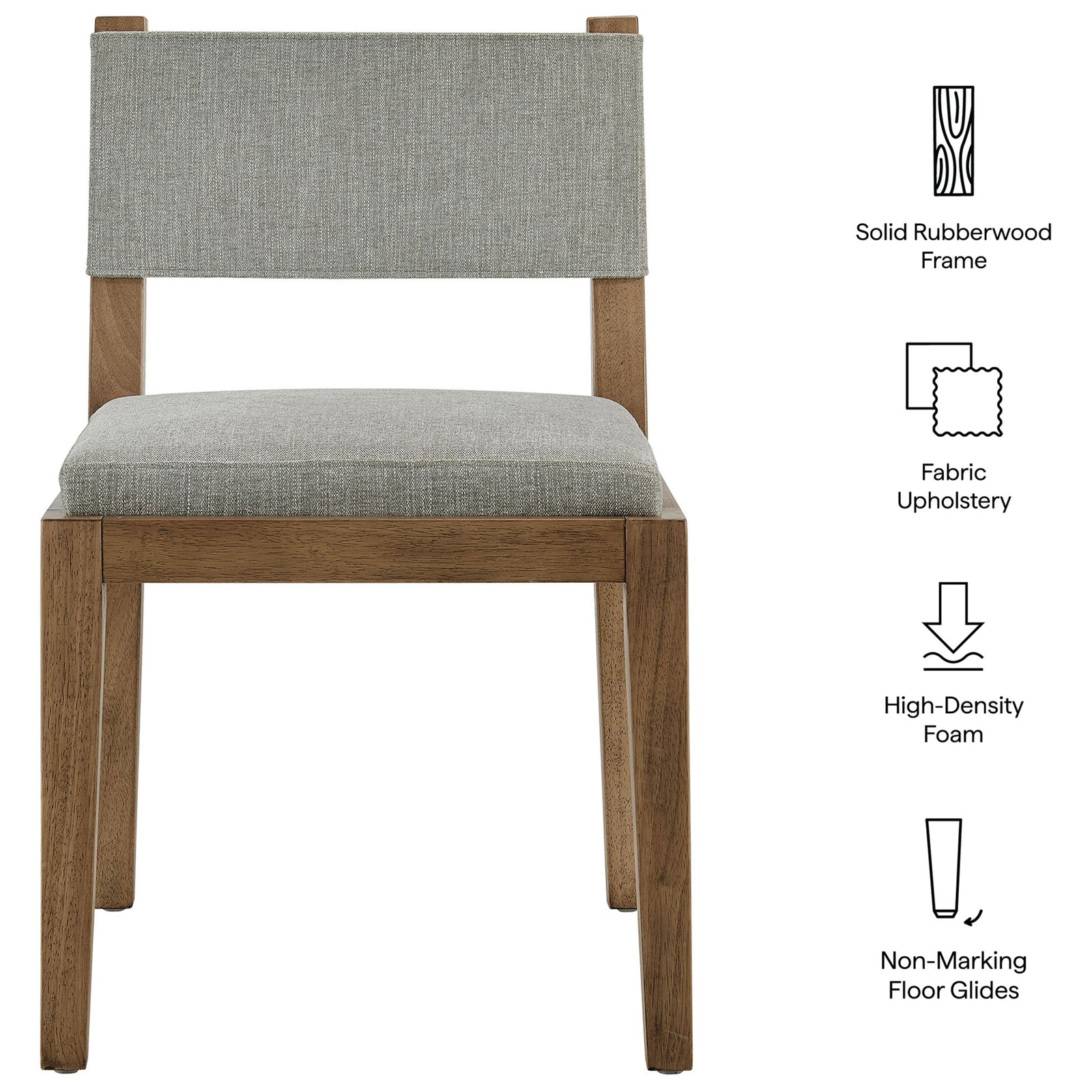 Feature overview of Calder dining chair with solid rubberwood frame, fabric upholstery, foam seat and floor glides || EEI-7485-HEW || callout_studio