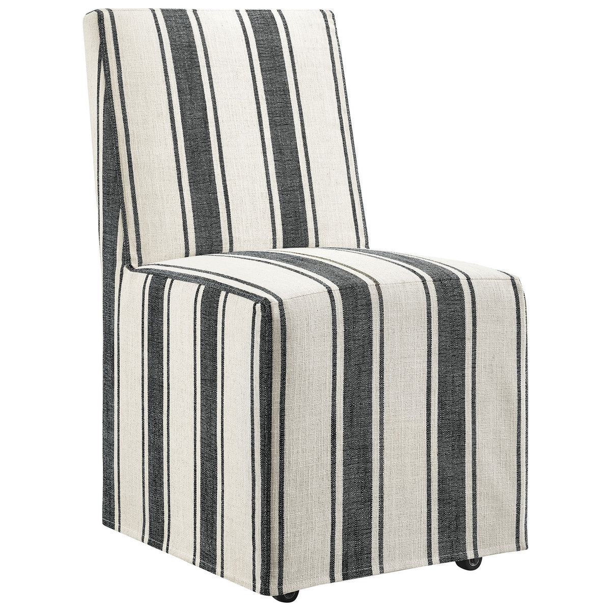 Striped slipcovered dining chair with linen-like upholstery and smooth-rolling hidden casters. || EEI-7486-BLK || front_angle_studio