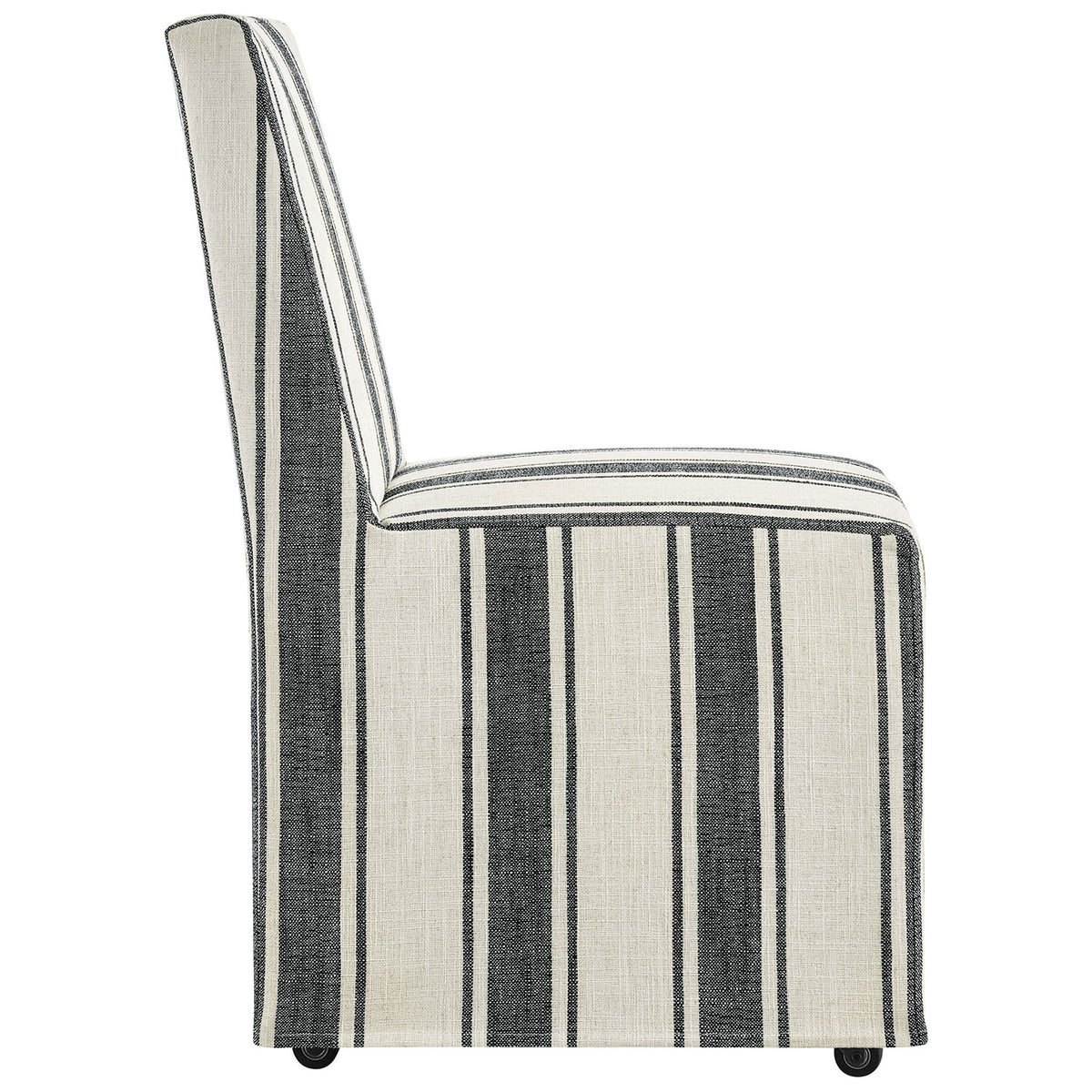 Armless striped slipcovered dining chair showcasing a clean Parsons profile and full-length tailored skirt. || EEI-7486-BLK || side_studio