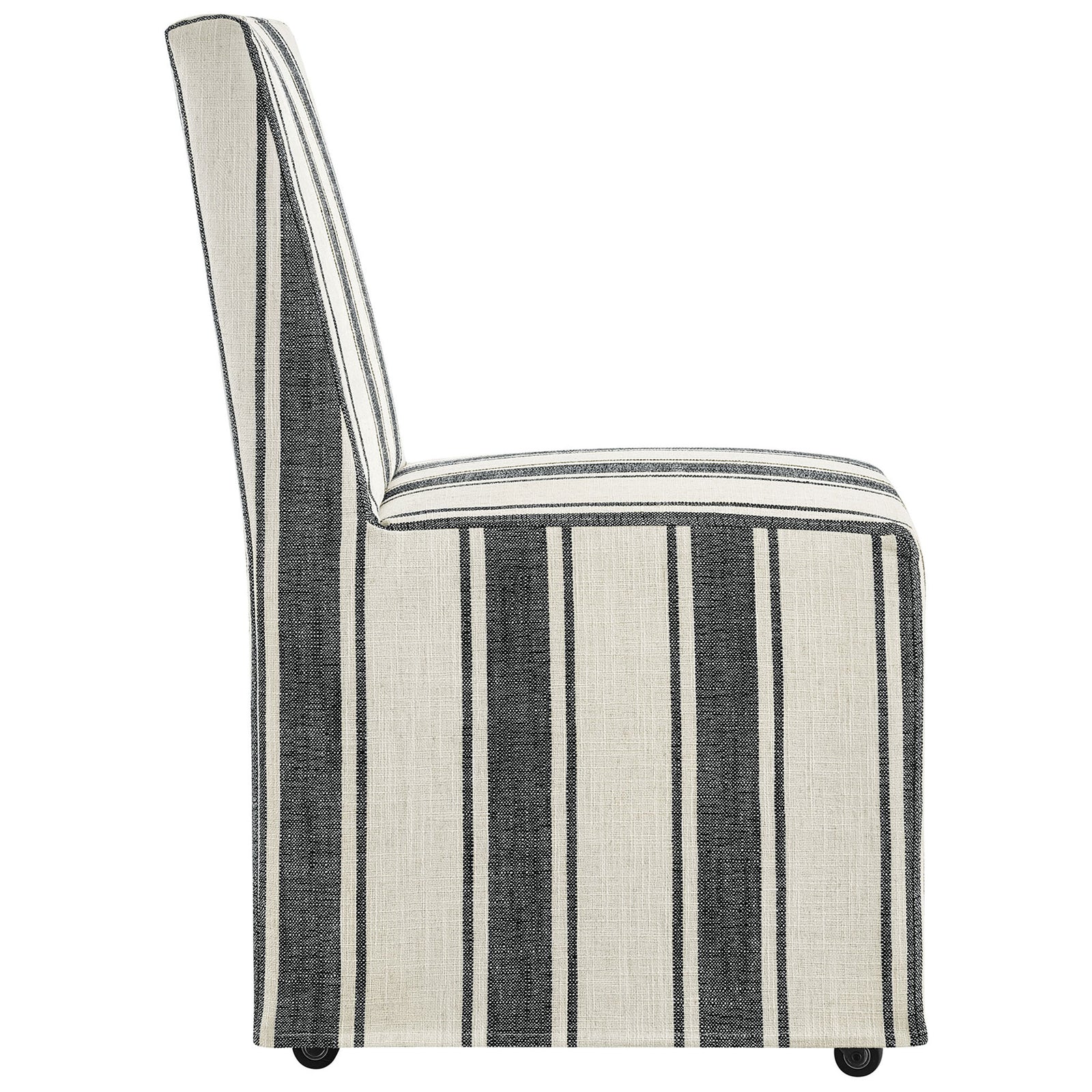 Armless striped slipcovered dining chair showcasing a clean Parsons profile and full-length tailored skirt. || EEI-7486-BLK || side_studio