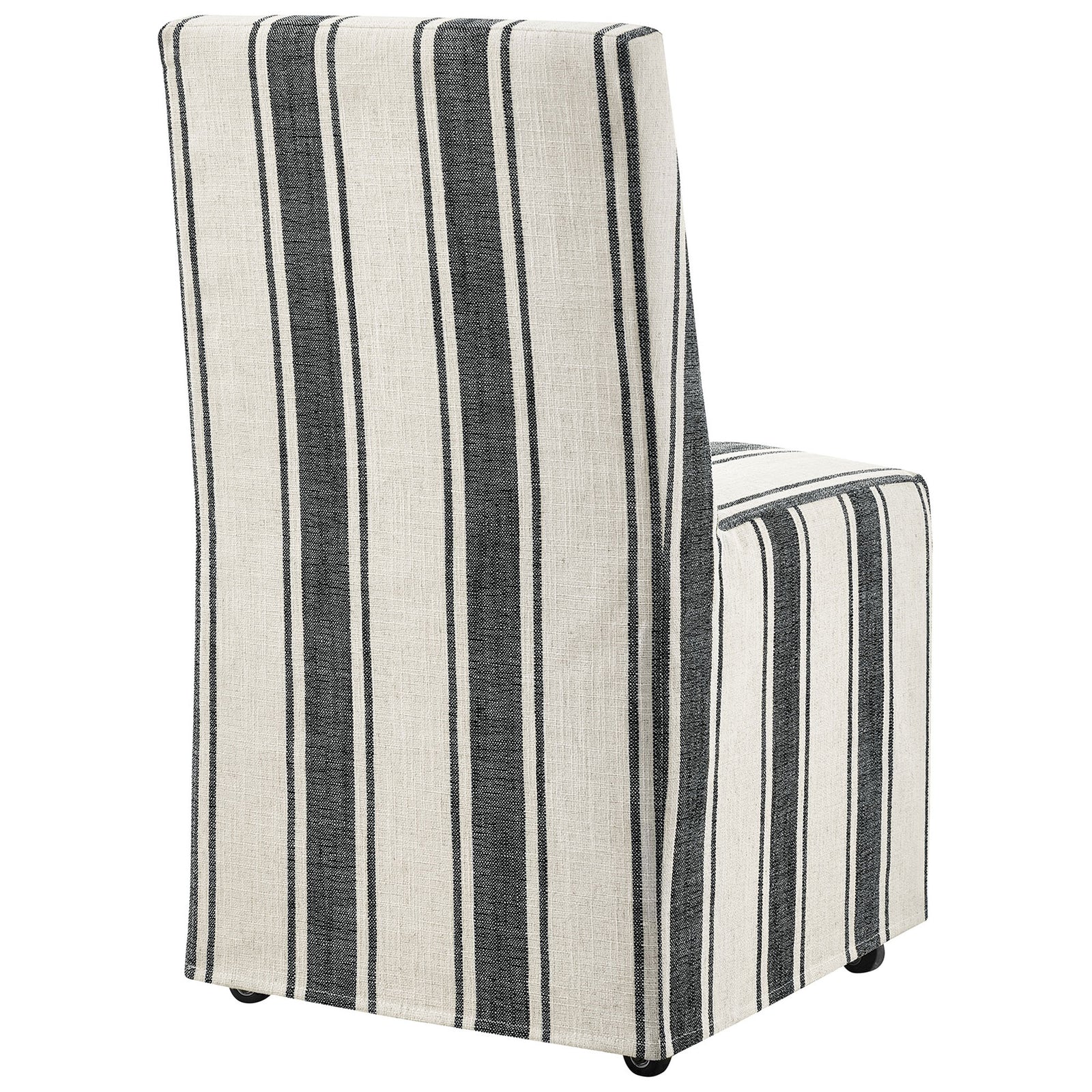 Striped slipcovered dining chair with continuous vertical stripes wrapping smoothly across the back. || EEI-7486-BLK || back_angle_studio