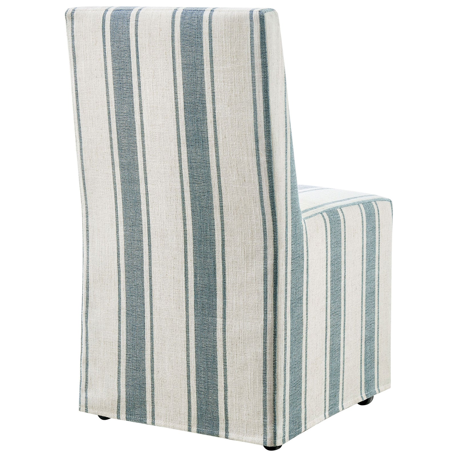 Neatly draped striped slipcover flowing over the back of the Tessera upholstered dining chair || EEI-7486-BLU || back_angle_studio