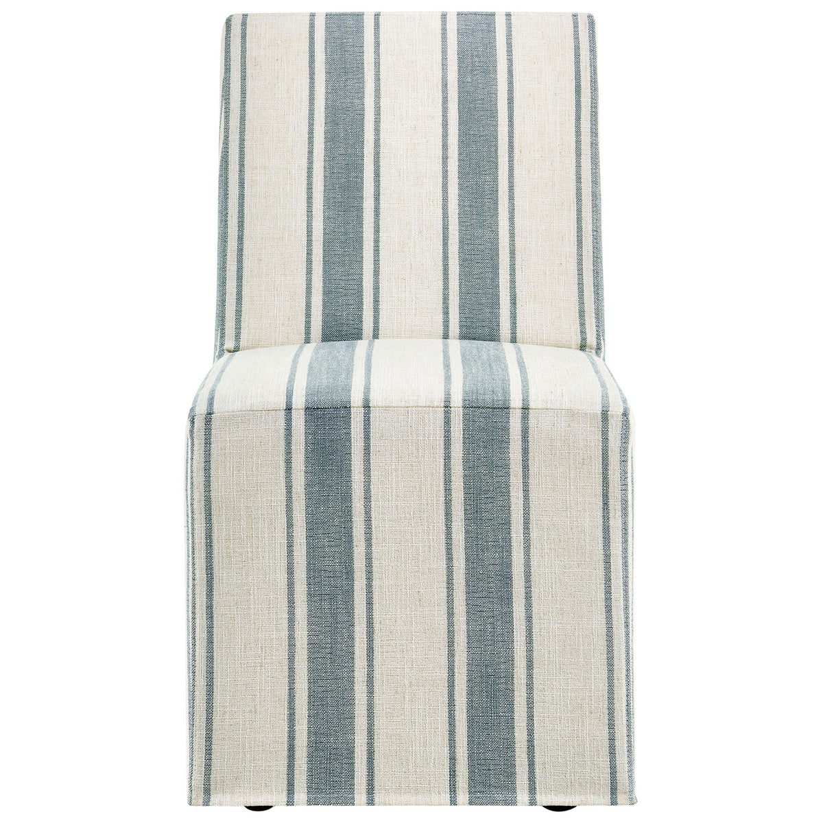 Straight high-back Tessera dining chair with vertical blue stripes and a full slipcovered base || EEI-7486-BLU || front_studio