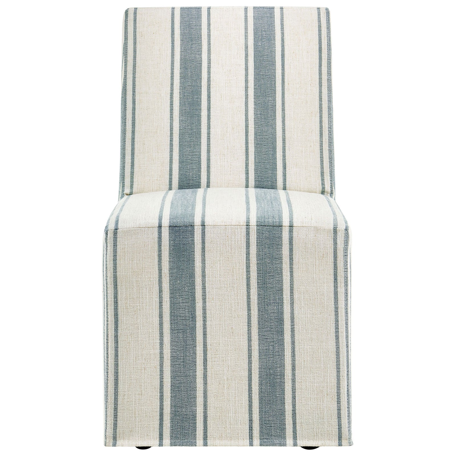 Straight high-back Tessera dining chair with vertical blue stripes and a full slipcovered base || EEI-7486-BLU || front_studio