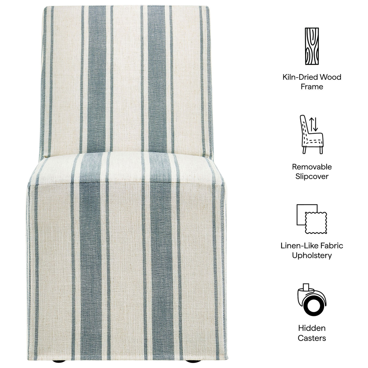 Tessera striped slipcovered dining chair highlighting kiln-dried frame, removable cover, and hidden casters || EEI-7486-BLU || callout_studio