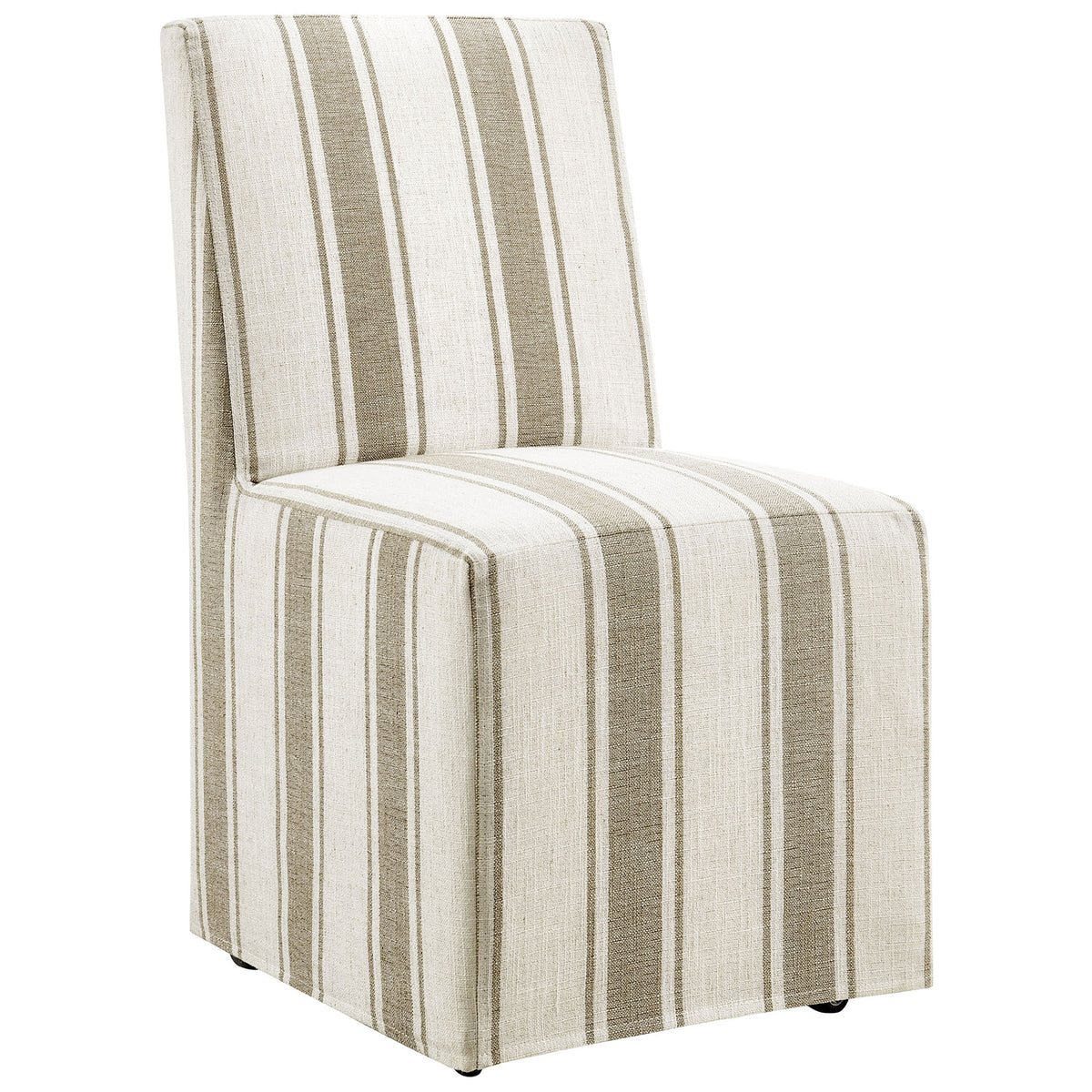 Tan striped slipcovered dining chair with tall cushioned back and smooth floor gliding on hidden casters || EEI-7486-TAN || front_angle_studio