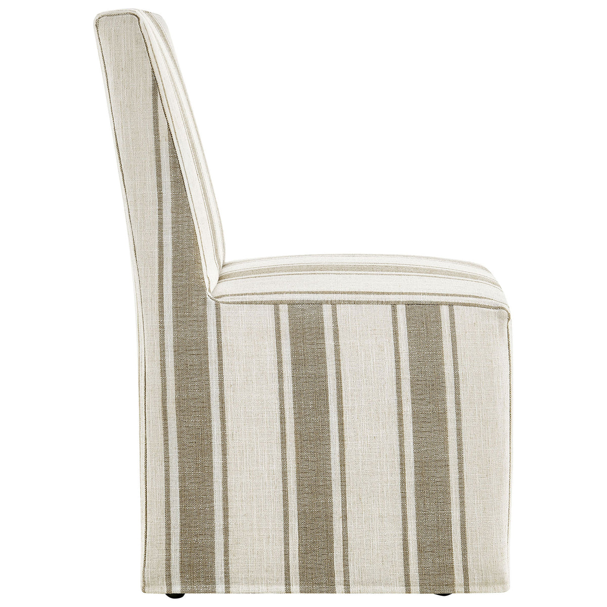 Streamlined slipcovered dining chair in tan stripes with deep padded seat and full-length tailored base || EEI-7486-TAN || side_studio