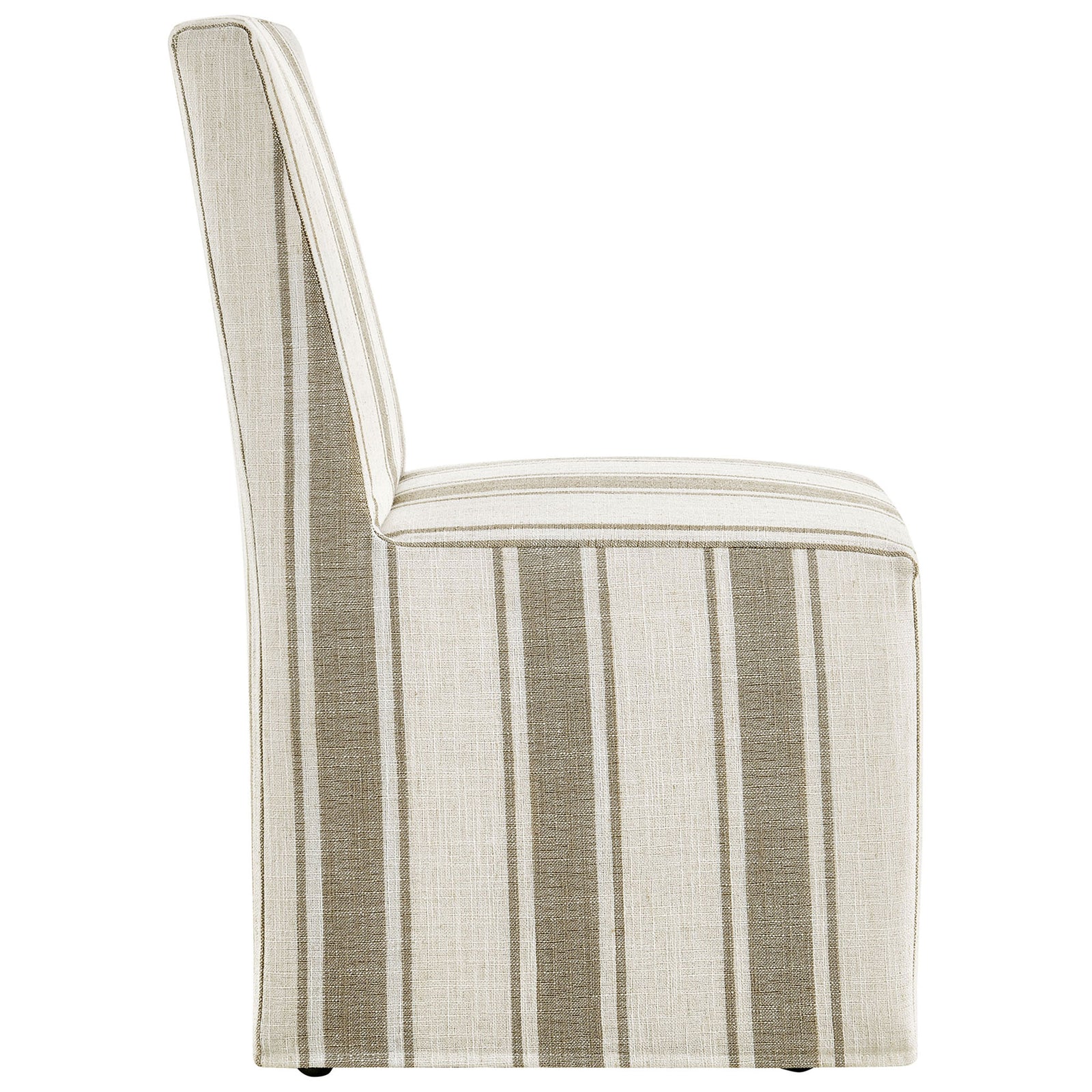 Streamlined slipcovered dining chair in tan stripes with deep padded seat and full-length tailored base || EEI-7486-TAN || side_studio