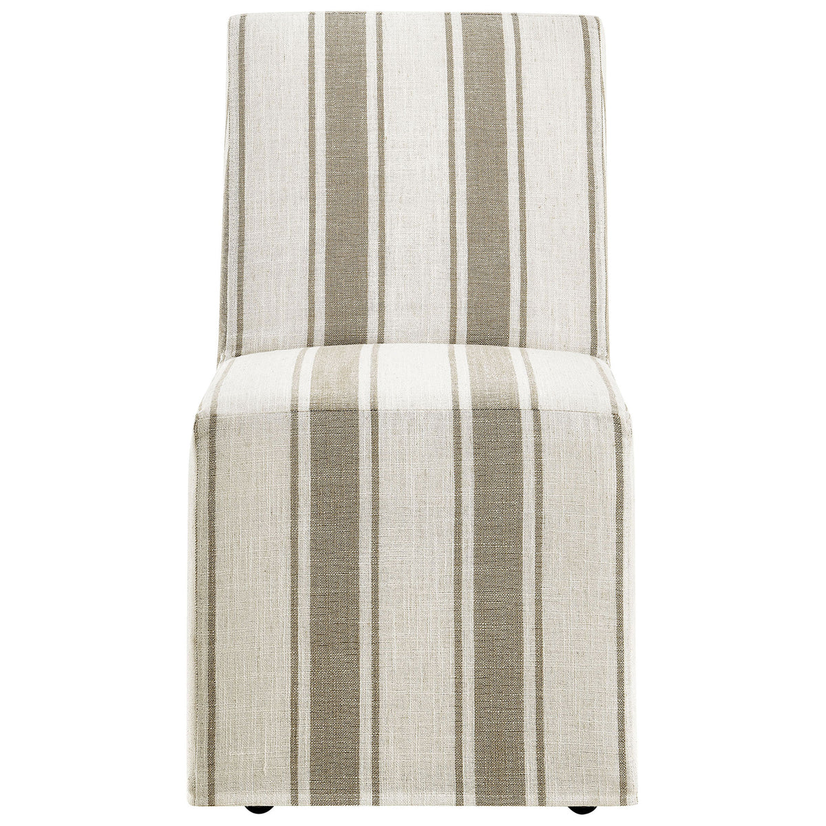 Crisp tan striped slipcovered dining chair with high supportive back and seamless skirted silhouette || EEI-7486-TAN || front_studio