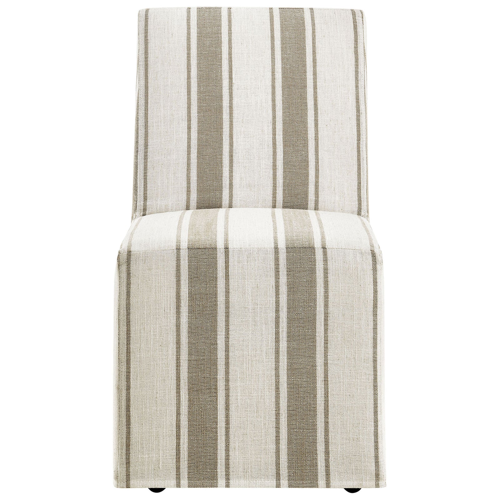 Crisp tan striped slipcovered dining chair with high supportive back and seamless skirted silhouette || EEI-7486-TAN || front_studio