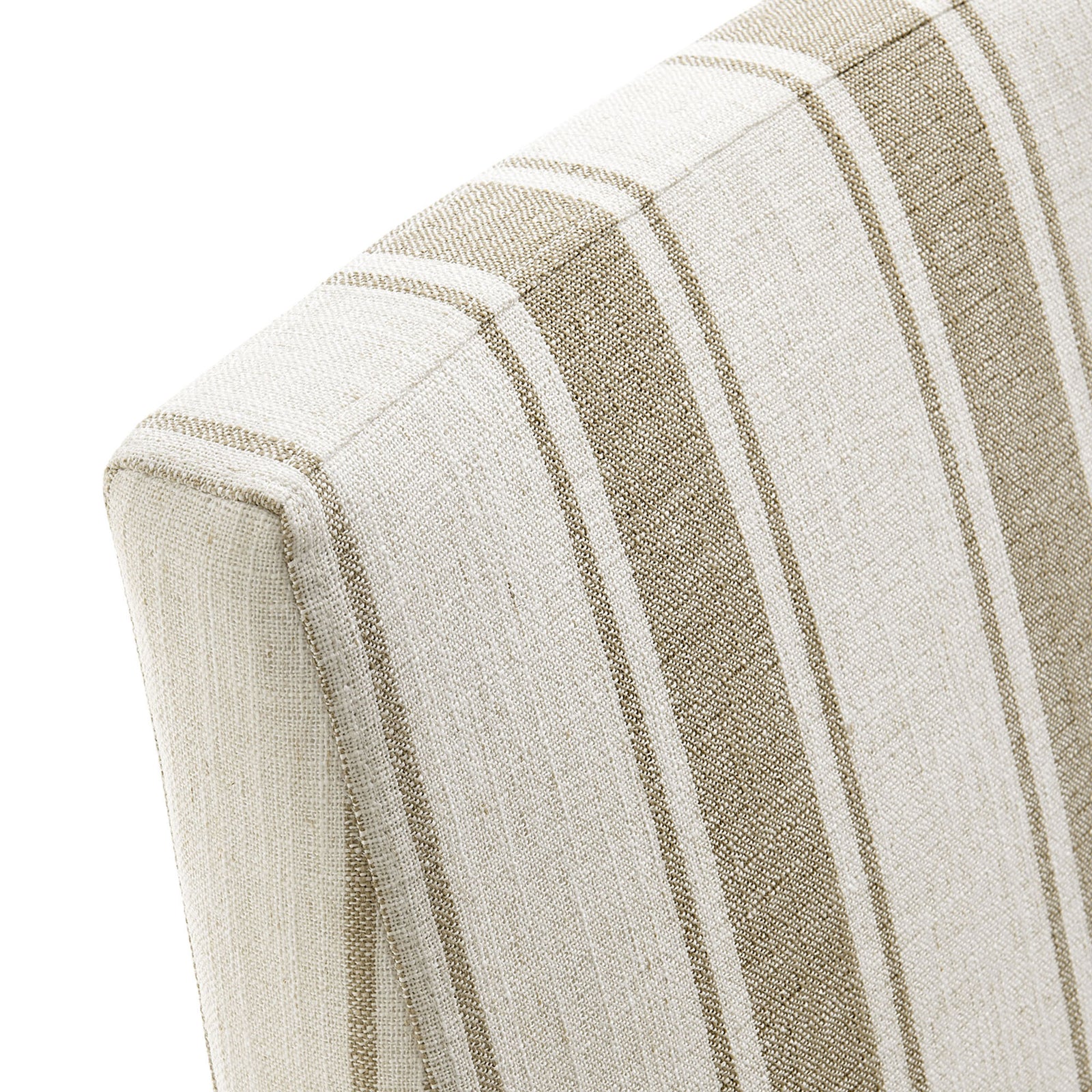 Textured linen-like upholstery in warm tan stripes highlighting the tailored top edge of the chair back || EEI-7486-TAN || detail_studio