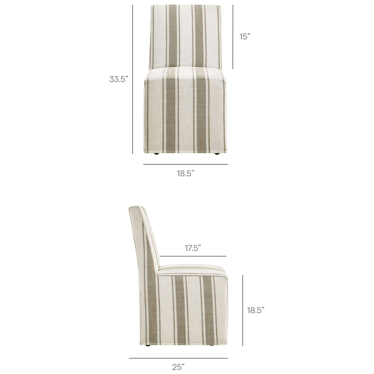 Dimension guide for the Tessera tan striped dining chair with labeled height, width, depth, and seat measurements || EEI-7486-TAN || dimension_studio