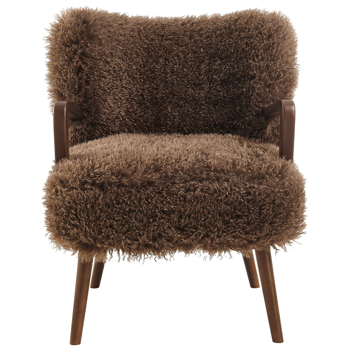 Plush, wide seat and gently curved back wrapped in brown faux shearling with warm wood arms. || EEI-7487-BRN || front_studio