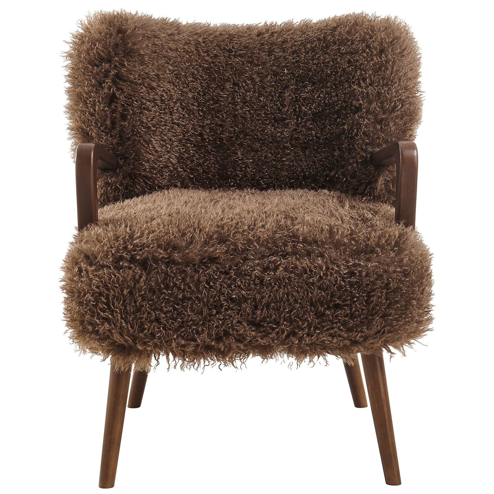 Plush, wide seat and gently curved back wrapped in brown faux shearling with warm wood arms. || EEI-7487-BRN || front_studio