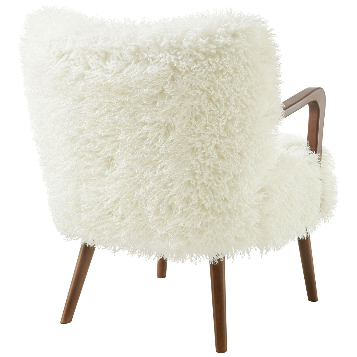 Shaggy faux shearling wraps a sculptural silhouette grounded by tapered wood legs || EEI-7487-WHI || back_angle_studio
