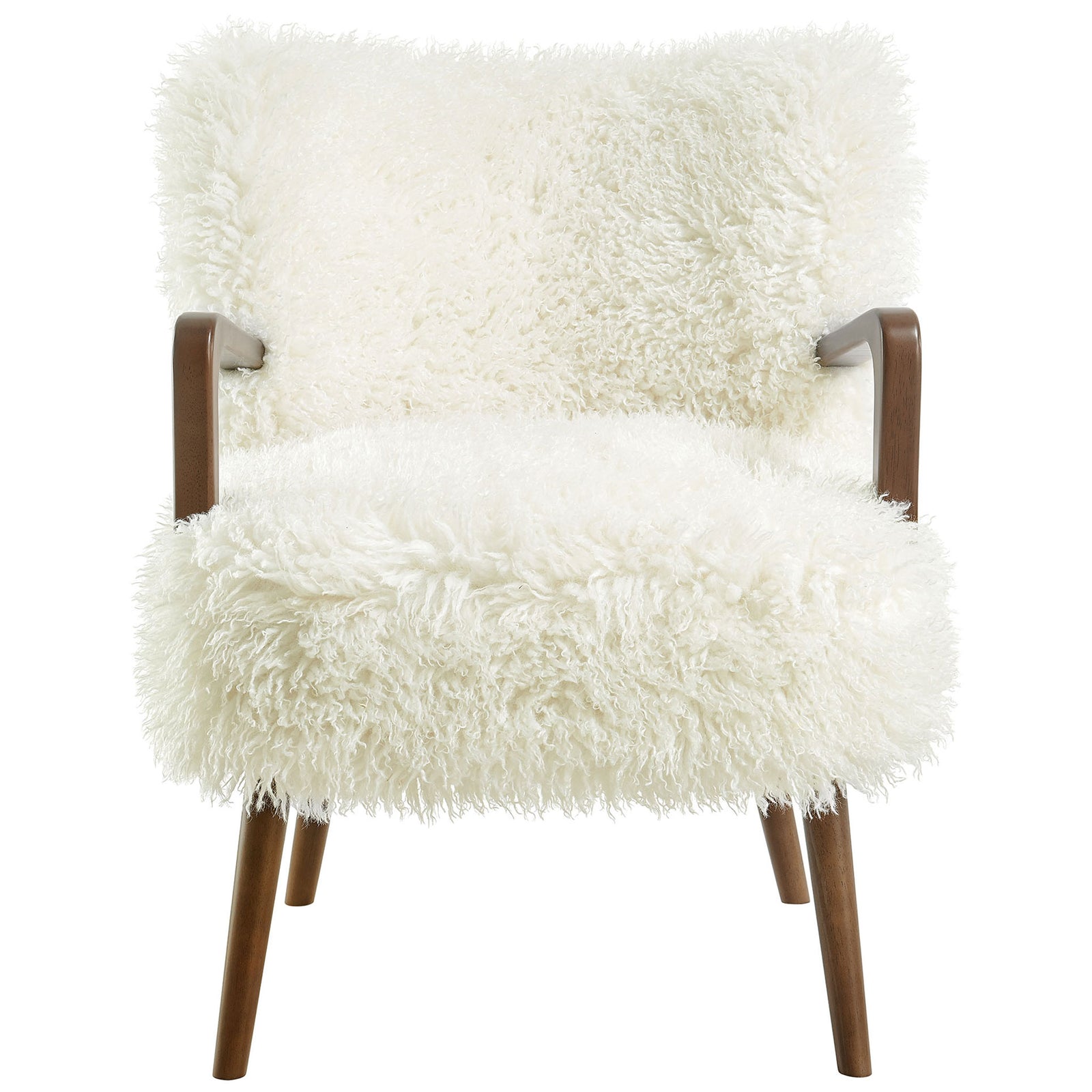 Plush faux shearling armchair with sculpted wood arms and splayed legs for a cozy, modern retreat || EEI-7487-WHI || front_studio