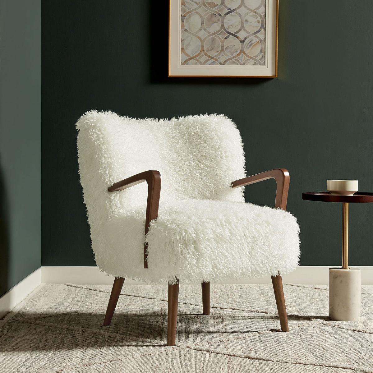 Cozy faux shearling chair brings soft texture and warmth to sophisticated living spaces || EEI-7487-WHI || front_room