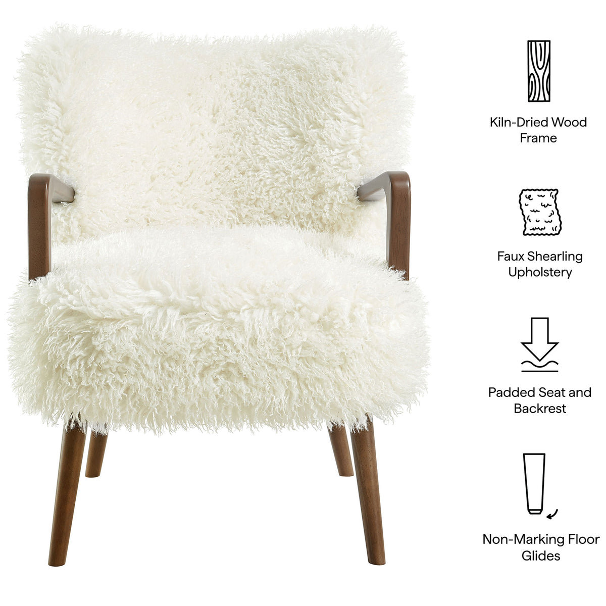 Key features: kiln-dried wood frame, faux shearling upholstery, padded comfort, and floor-friendly glides || EEI-7487-WHI || callout_studio