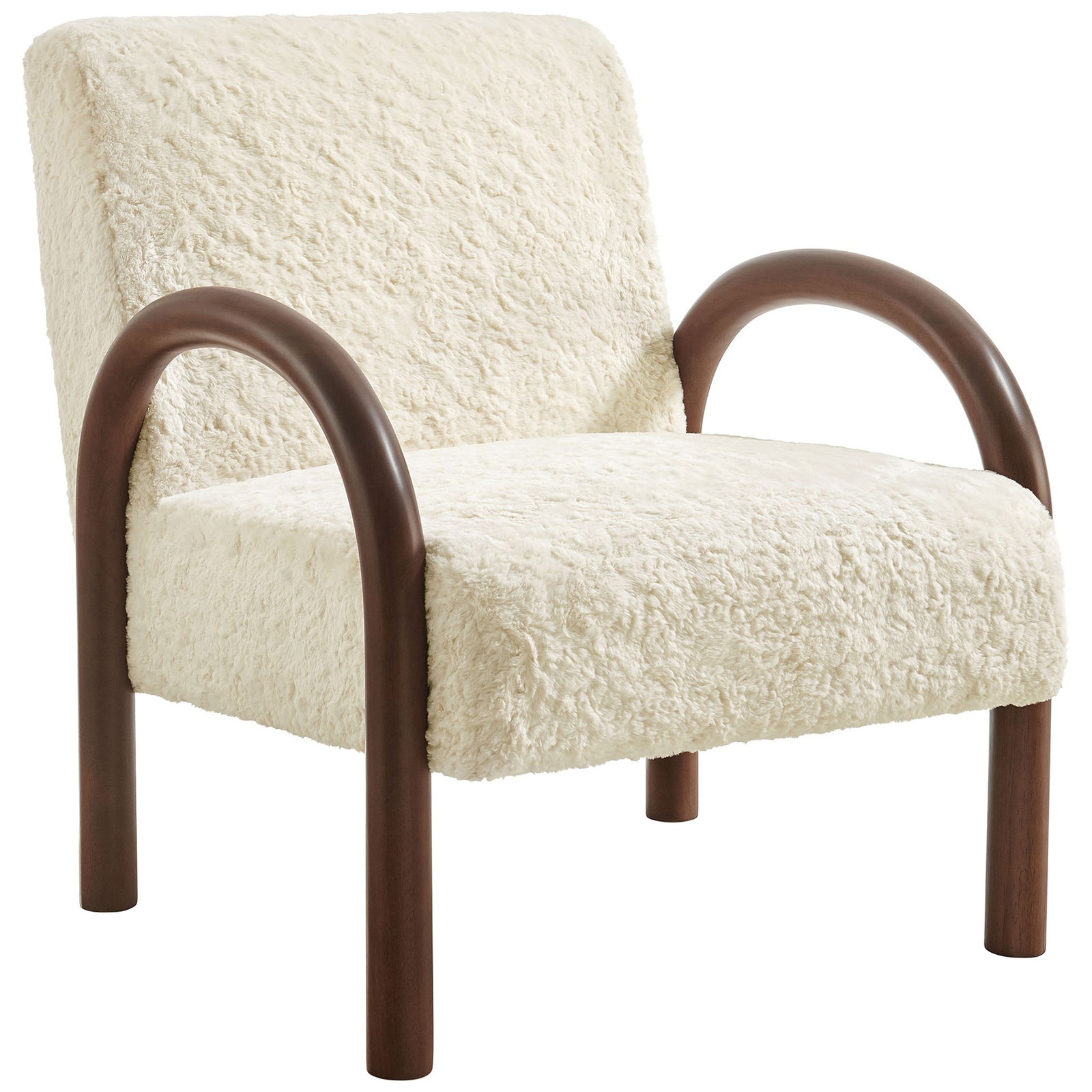 Cozy ecru faux shearling seat framed by gracefully curved wood arms and rounded legs || EEI-7488-ECR || front_angle_studio