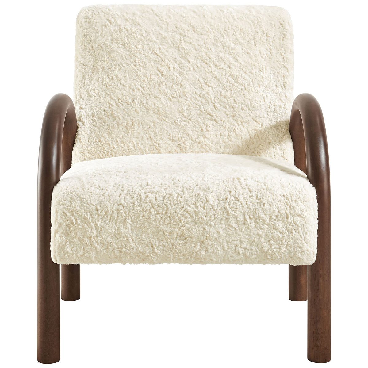 Plush faux shearling armchair with sculpted dark wood arches and inviting mid-century lines || EEI-7488-ECR || front_studio